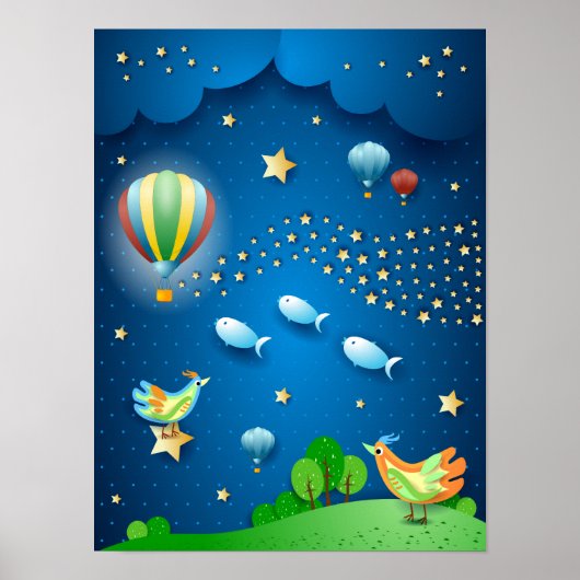 Surreale Nacht mit Ballons und Sternenwelle Poster (Vorne)