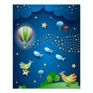 Surreale Nacht mit Ballons und Welle von Sternen P Poster