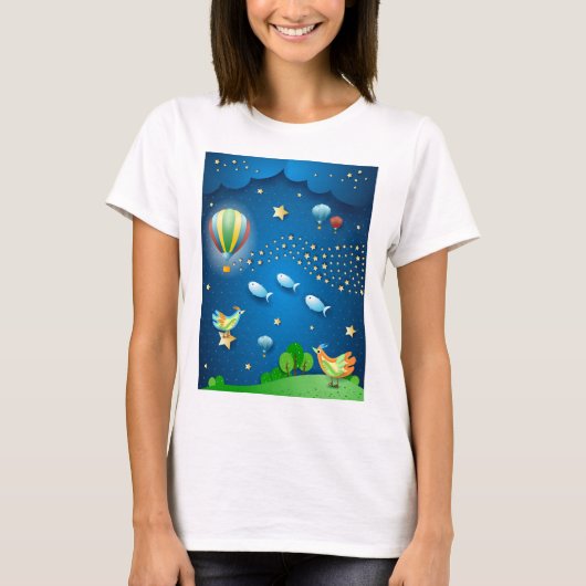 Surreale Nacht mit Ballons und Welle von Sternen P T-Shirt (Vorderseite)