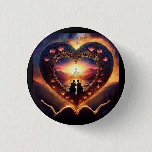 Surreale Szene mit liebevoller Paarung im Herzen Button (Vorderseite)