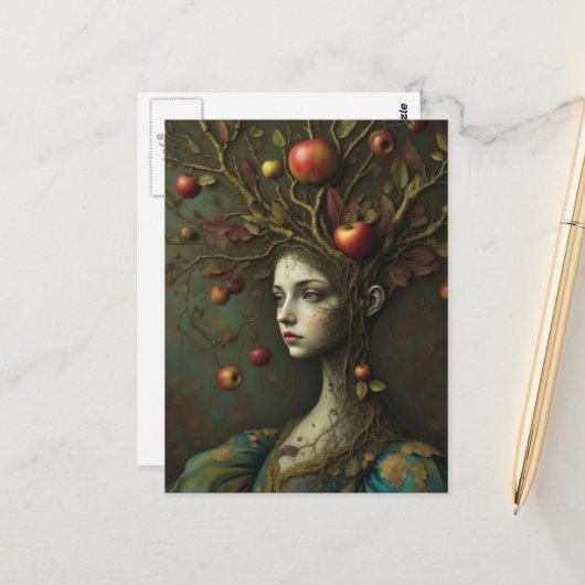 Surrealer Apfelbaum Frau Postkarte (Vorderseite/Rückseite Beispiel)