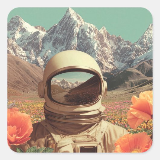 Surrealer Astronaut auf Blumenfeld Quadratischer Aufkleber (Vorderseite)