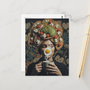 Surrealer Avocado-Toast-Tomate- und Kaffee-Frau  Postkarte