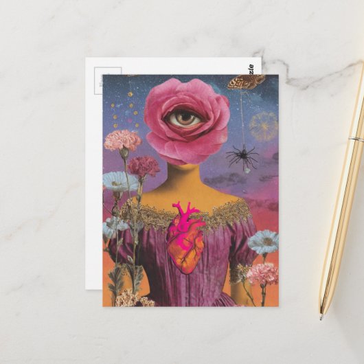 Surrealer Blumen-Damen-Collage Postkarte (Vorderseite/Rückseite Beispiel)