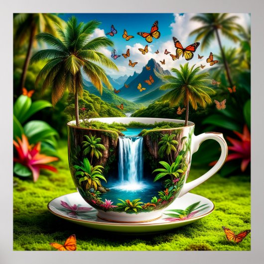Surrealer Cup, der sich zu tropischem Wasserfall w Poster (Vorne)