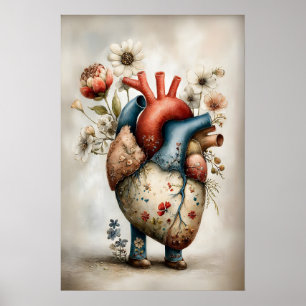 Surrealer Druck menschlicher Herzblumen, Whimsical Poster