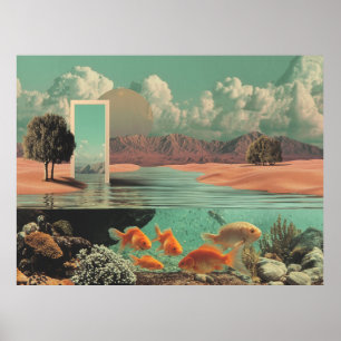 Surrealer Eingang in der Wüste mit Unterwasserwelt Poster