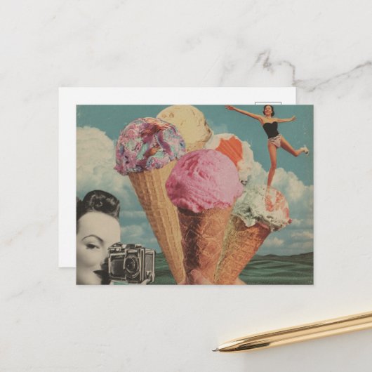 Surrealer Eiscreme-Schwimmcollage Postkarte (Vorderseite/Rückseite Beispiel)