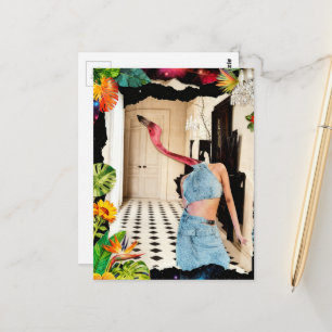 Surrealer Flamingo, der Blau mit Blumen trägt, Col Postkarte
