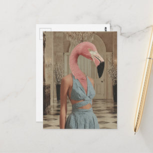 Surrealer Flamingo mit Blau in einer Raumcollage Postkarte