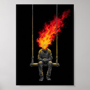Surrealer Flammender Kopf Dark Art Streetwear Graf Poster