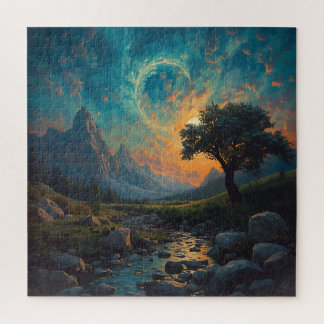 Surrealer Fluss im Gebirge bei Sonnenuntergang - D Puzzle