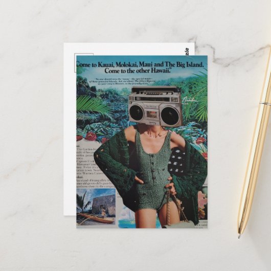 Surrealer Ghettoblaster Hawaii Frau Collage Postkarte (Vorderseite/Rückseite Beispiel)