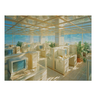 Surrealer goldener Büroarbeitsplatz mit Vintage-Co Poster