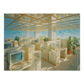 Surrealer goldener Büroarbeitsplatz mit Vintage-Co Poster
