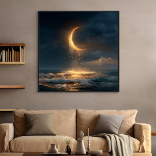 Surrealer goldener Halbmond über dem Ozean Poster