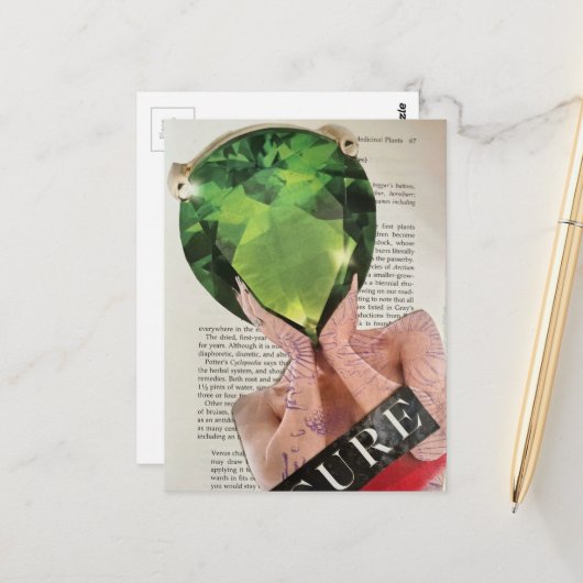 Surrealer grüner Edelstein-Damen-Collage  Postkarte (Vorderseite/Rückseite Beispiel)