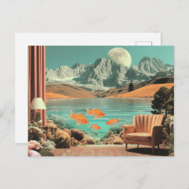 Surrealer Innenraum mit Fisch und mondbeschienenem Postkarte