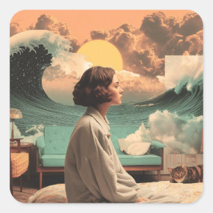 Surrealer Innenraum mit Frau und Katze Quadratischer Aufkleber