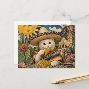 Surrealer Kater isst Tacos Collage Postkarte