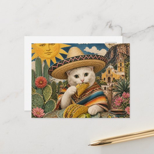 Surrealer Kater isst Tacos Collage Postkarte (Vorderseite/Rückseite Beispiel)
