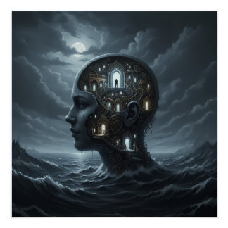 Surrealer Kopf einer Frau mit Räumen taucht aus de Poster