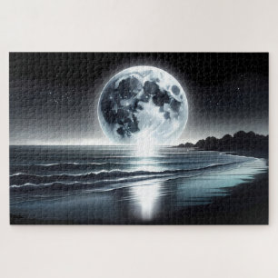 Surrealer Mondaufgang über der ruhigen Meeresküste Puzzle