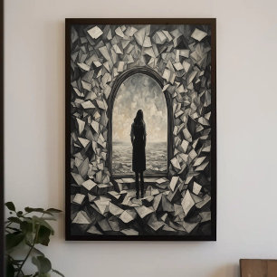 Surrealer monochromer Wandkunstposter mit schweben Poster