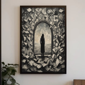 Surrealer monochromer Wandkunstposter mit schweben Poster