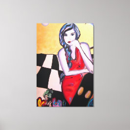 Surrealer Pop-Art-Frau in rotem Kleid auf Leinwand