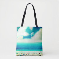 Surrealer Reiseort Strand und riesige Planeten