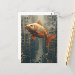 Surrealer Riesenfisch in der City Sky Postkarte