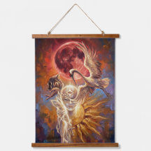 Surrealer roter Mond & Kranich-Wandkunst