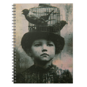 Surrealer Schwarz-Weiß-Vogel im Käfig und Kind Ret Notizblock