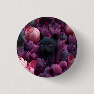 Surrealer schwarzer Kater und rosa Pfingstrosen-Bl Button