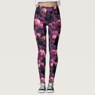 Surrealer schwarzer Kater und rosa Pfingstrosen-Bl Leggings