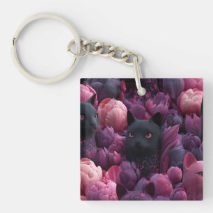 Surrealer schwarzer Kater und rosa Pfingstrosen-Bl Schlüsselanhänger