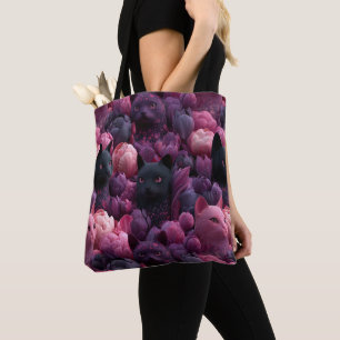 Surrealer schwarzer Kater und rosa Pfingstrosen-Bl Tasche