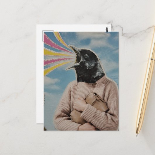 Surrealer Singender Amsel-Collage Postkarte (Vorderseite/Rückseite Beispiel)