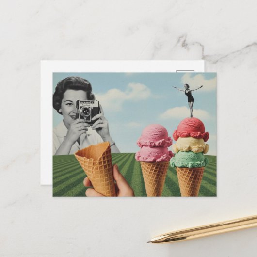 Surrealer Sommercollage Eiscreme Balance Postkarte (Vorderseite/Rückseite Beispiel)
