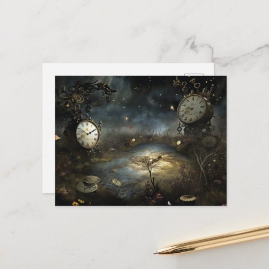 Surrealer Steampunk-Uhr-Sumpf Postkarte (Vorderseite/Rückseite Beispiel)