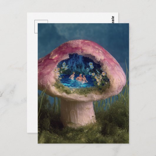 Surrealer Swimmingpool in einem rosafarbenen Pilz Postkarte (Vorne/Hinten)