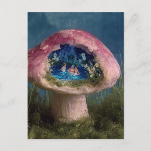 Surrealer Swimmingpool in einem rosafarbenen Pilz Postkarte (Vorderseite)