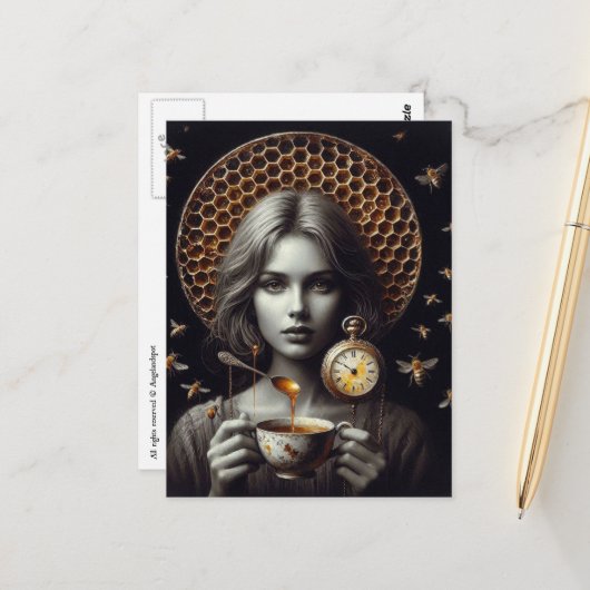 Surrealer Teetime mit Bienen Postkarte (Vorderseite/Rückseite Beispiel)