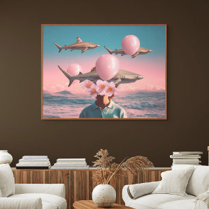 Surrealer Traumlandschaft mit Haien und Ballons Leinwanddruck