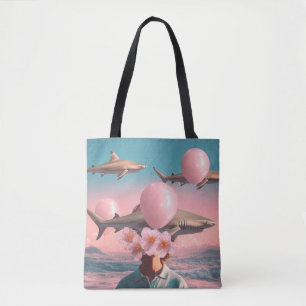 Surrealer Traumlandschaft mit Haien und Ballons Tasche