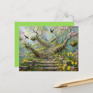 Surrealer Treppenweg im Frühling verschlingt Wildb Postkarte