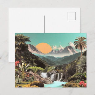 Surrealer tropischer Tal mit Wasserfällen Postkarte