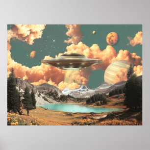 Surrealer UFO über einem Bergsee mit Planeten Poster