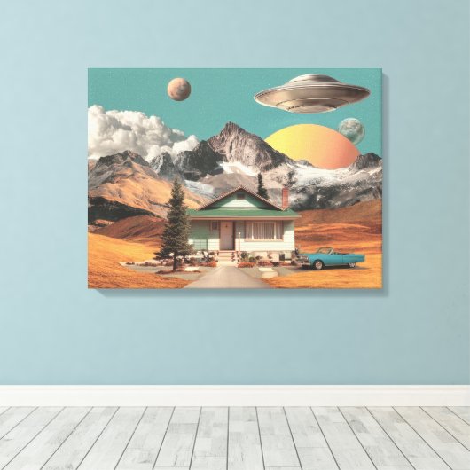 Surrealer UFO über rustikalem Haus Leinwanddruck (Insitu (Holzboden))
